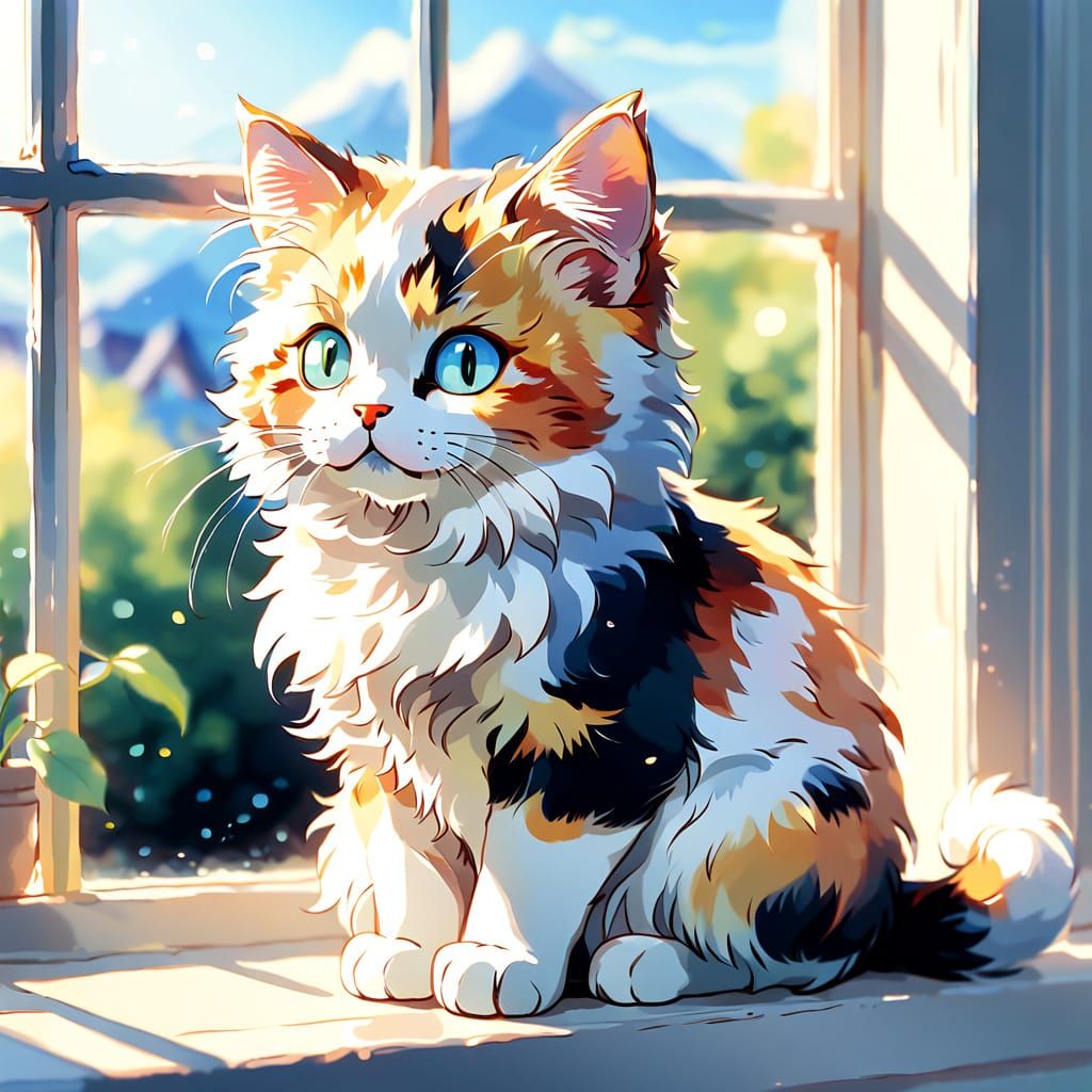 Calico Kitten in Sunlit Window, Watercolor Style