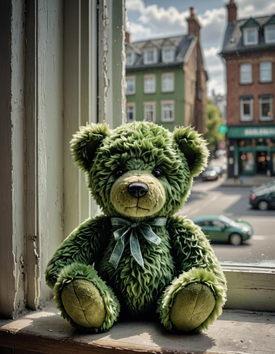 Furry fluffy fuzzy green teddy bear, soft toy, cute little s...