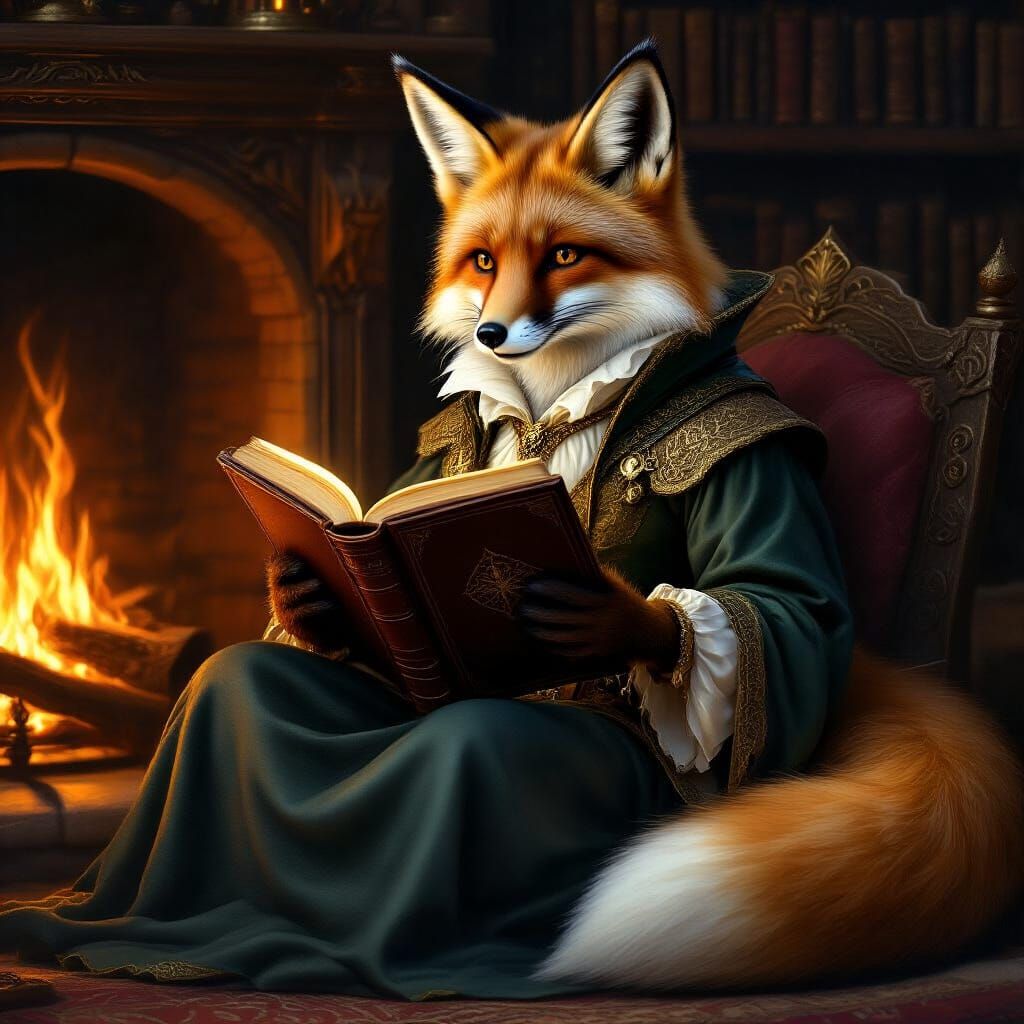 Medieval Fox Reading by Fireplace in Whimsical Style