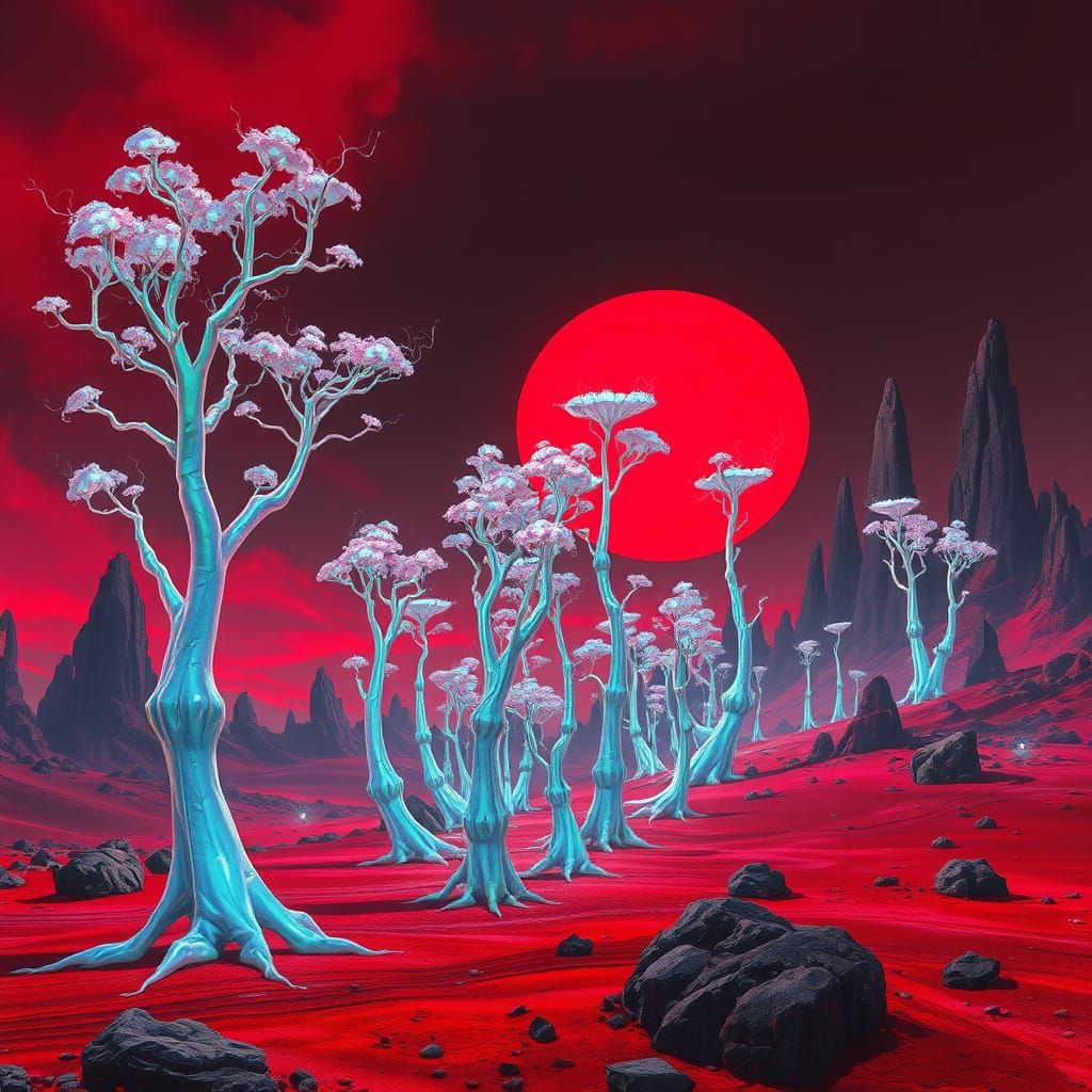 Ethereal Trees Thrive on Red Planet in Cyberpunk Landscape