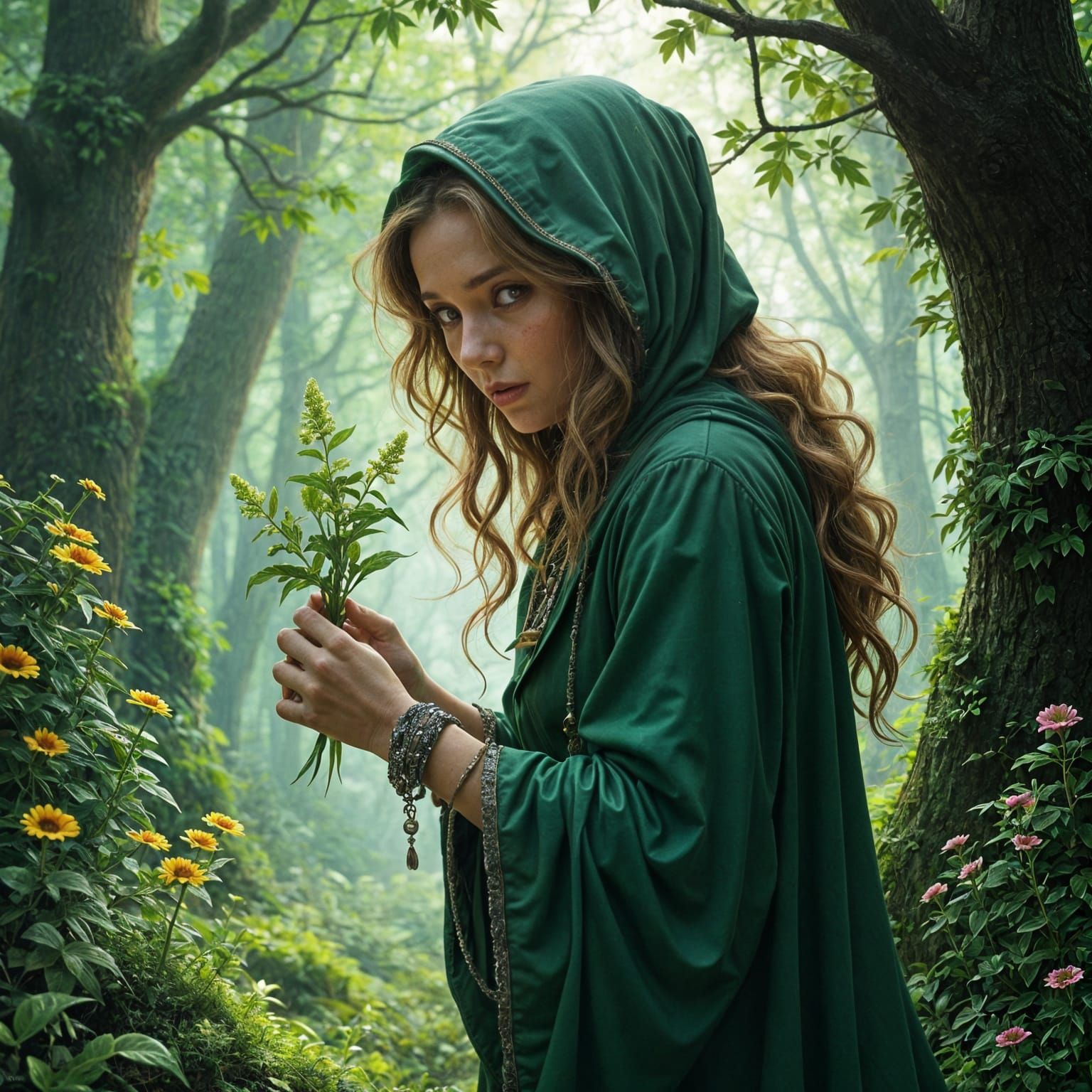 Witch Gathering Herbs in Dark Fantasy Comic Style