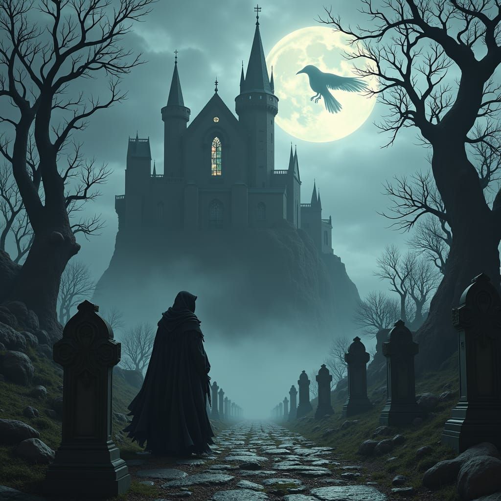 Haunting Gothic Castle Scene with Medieval Architecture