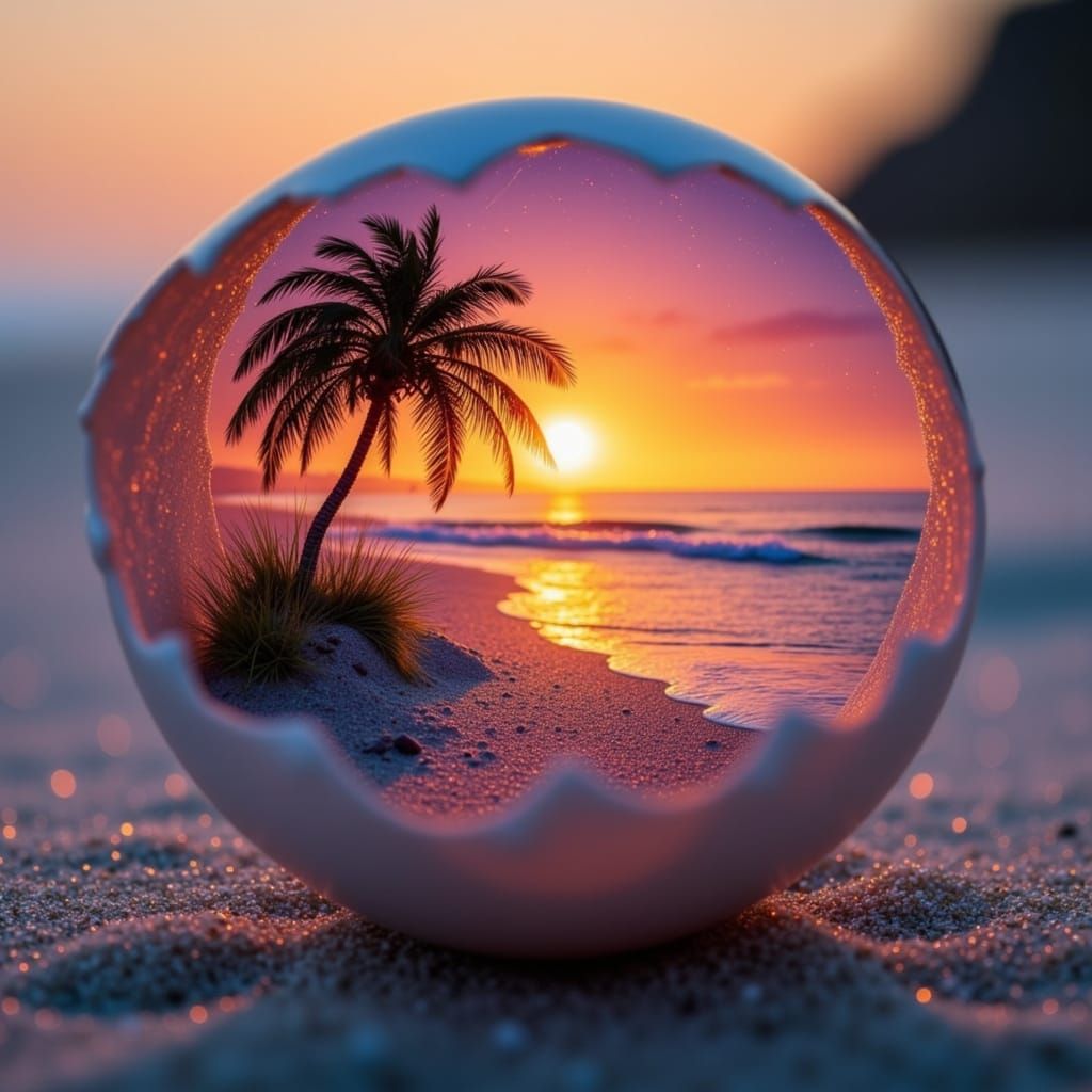 Miniature Sunset Beach Inside Fractured Eggshell