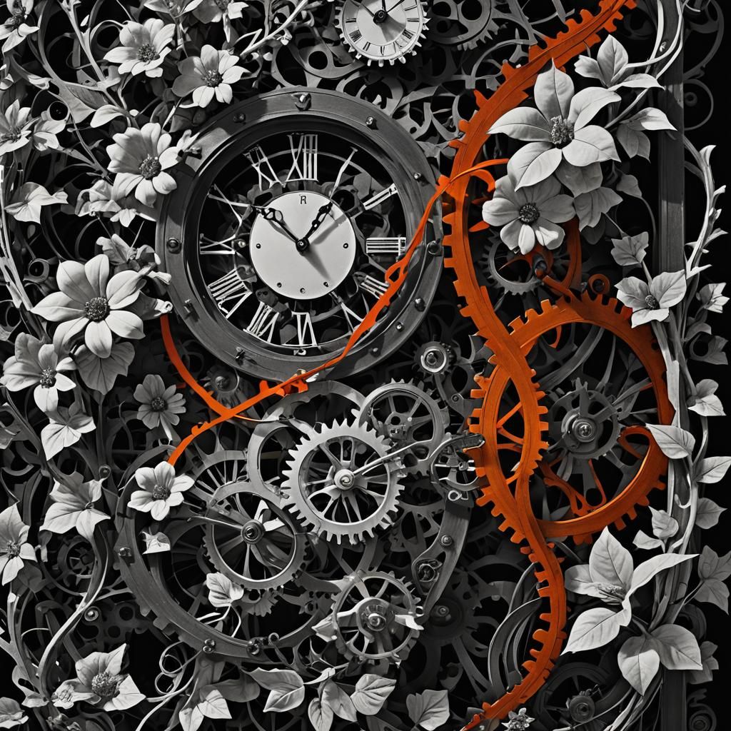 Surreal Black and White Rayograph of Flowers and Clockwork