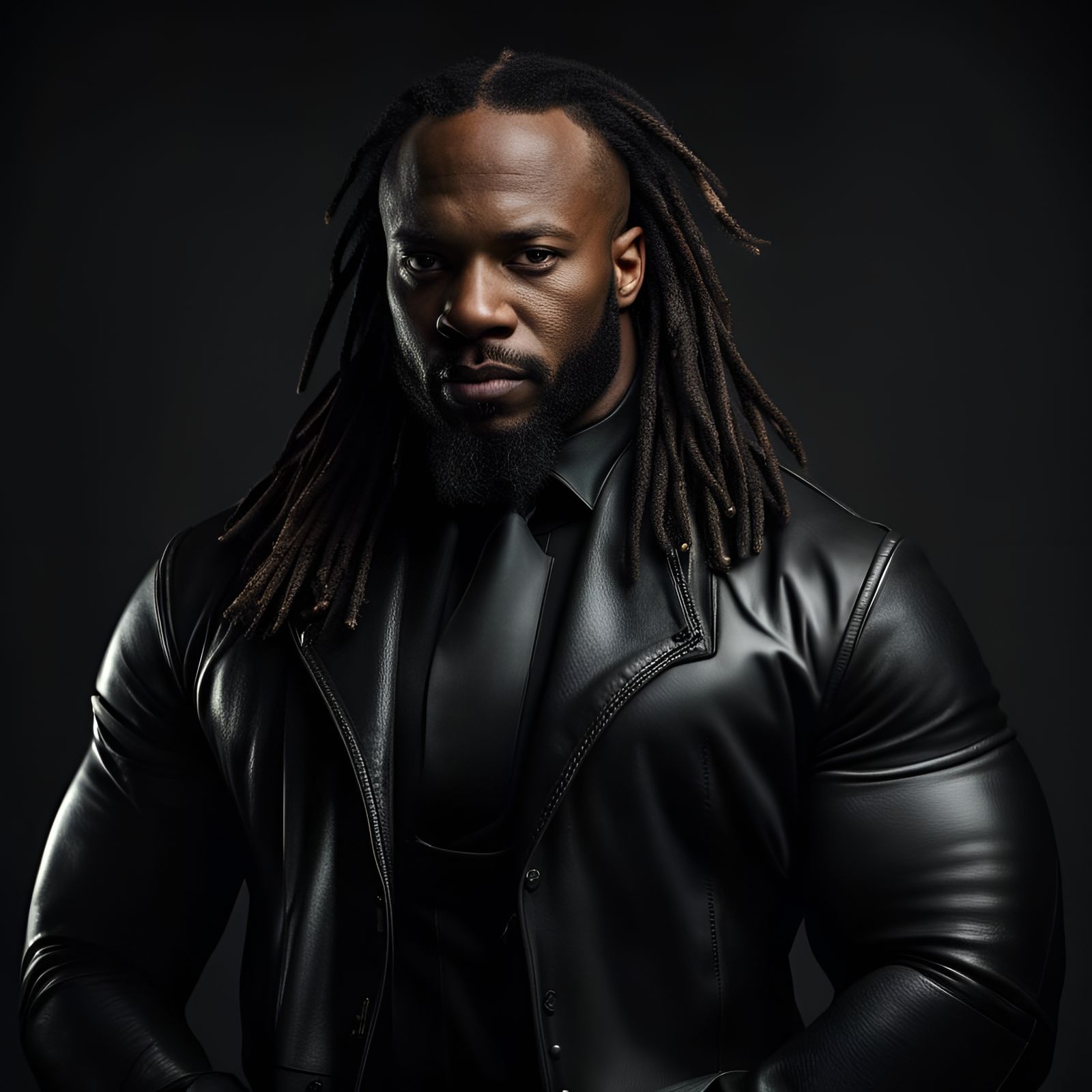 Muscular Man in Black Leather Suit Portrait