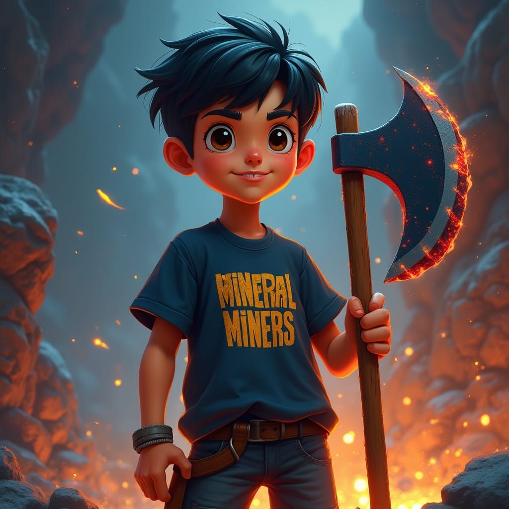 Young Miner Boy in Dark Blue Jumper Stands Proud with Pickax...