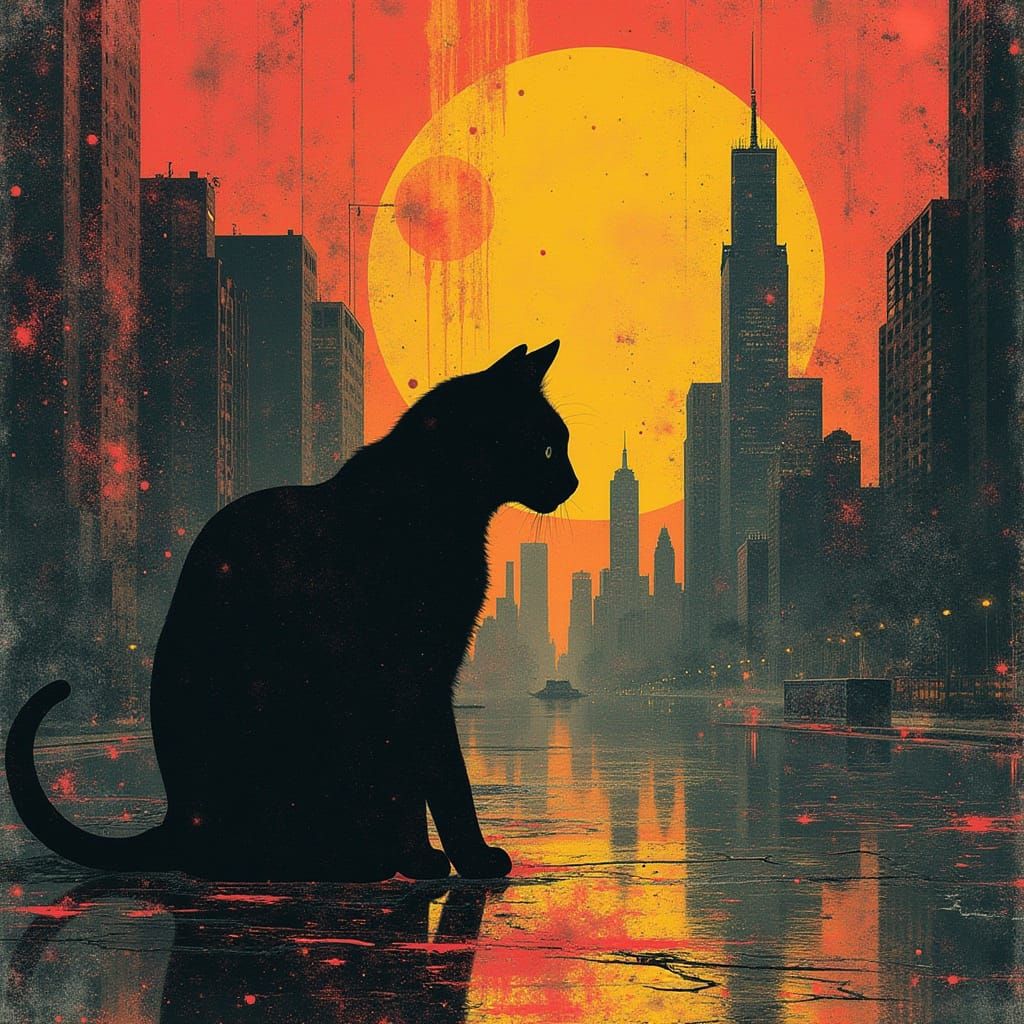 Surreal Postpunk Dreamscape with Black Cats and Cityscapes
