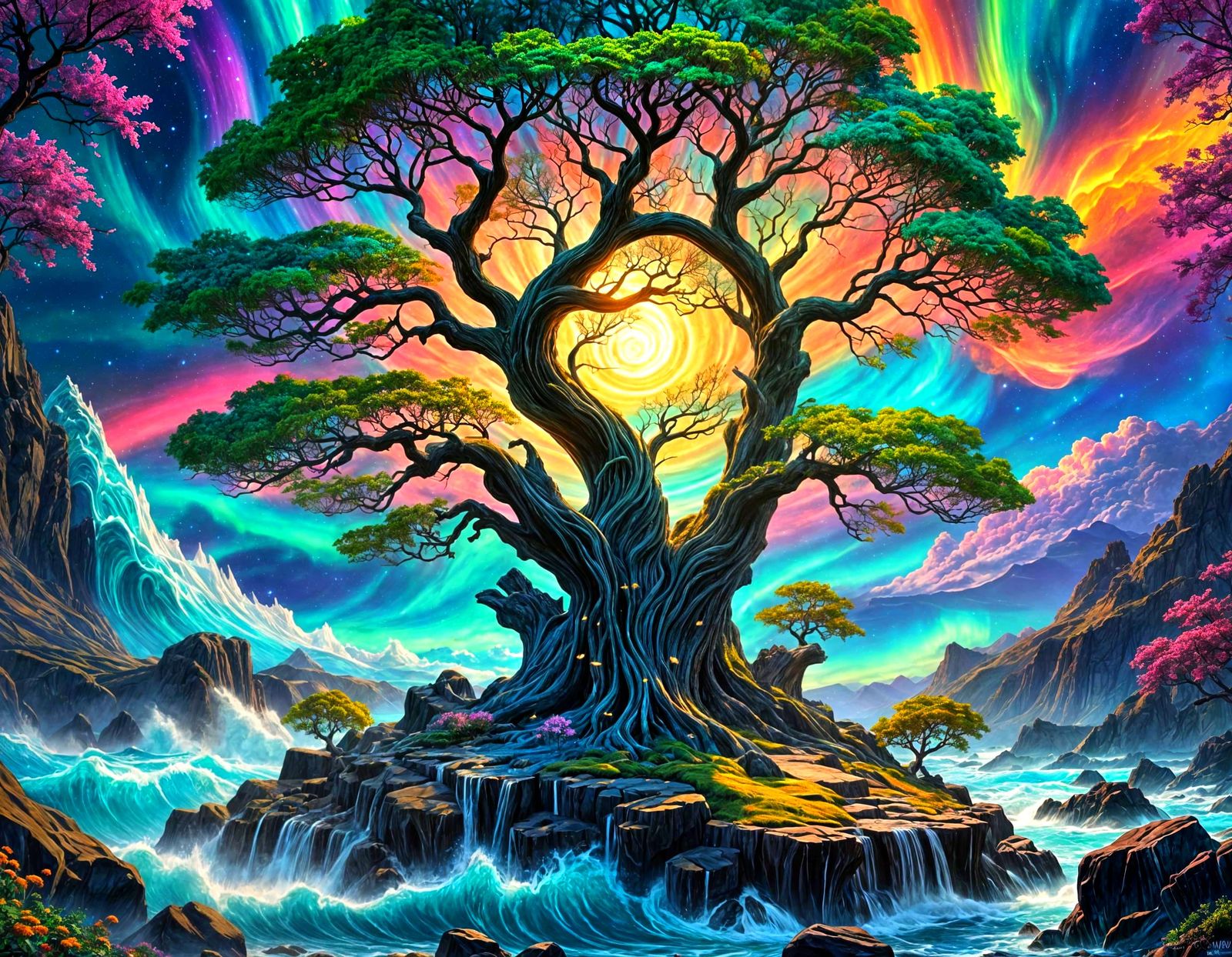 Sweeping Cosmic Tree Shrine in Majestic Iridescent Hues