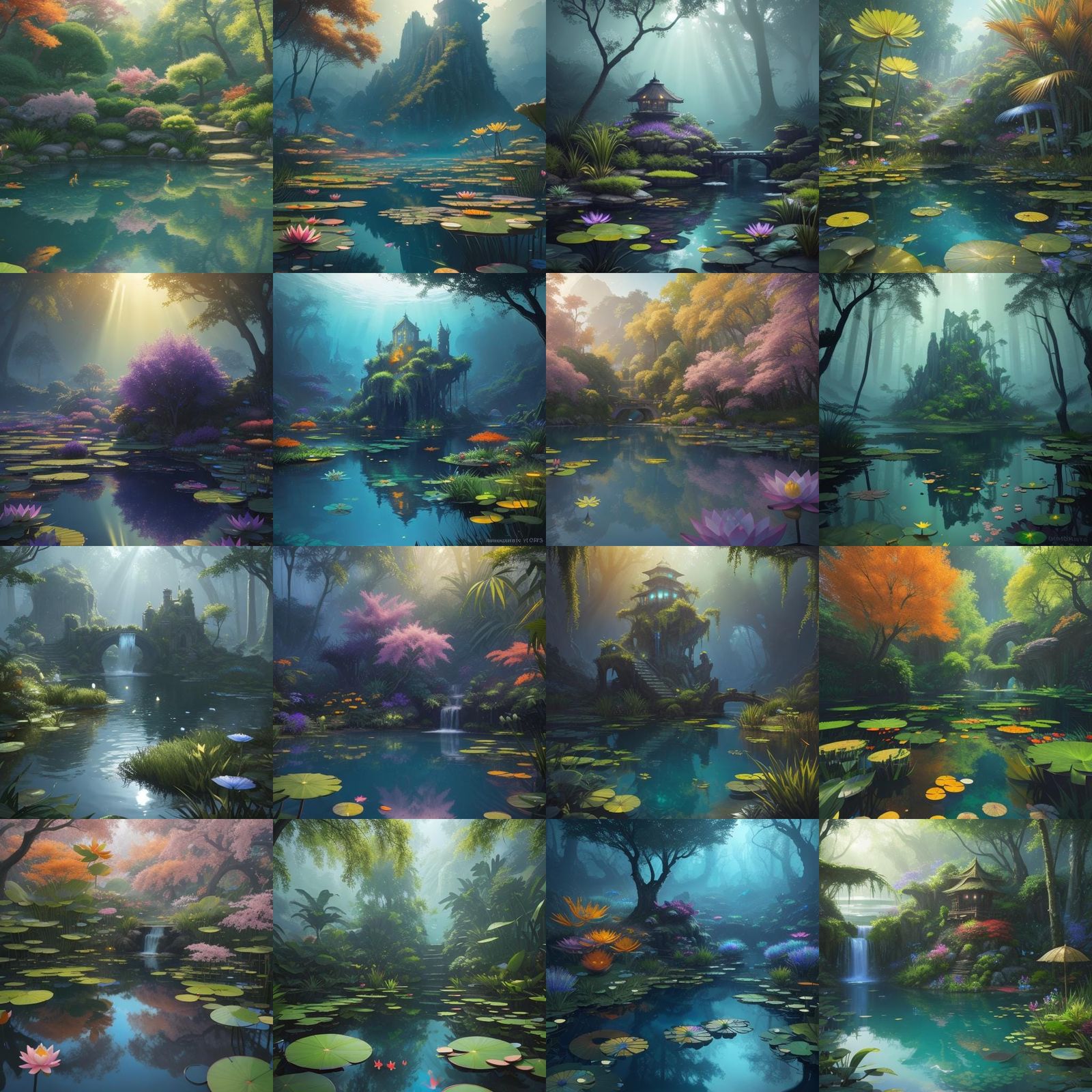 Fantastical Pond Scene with Fish