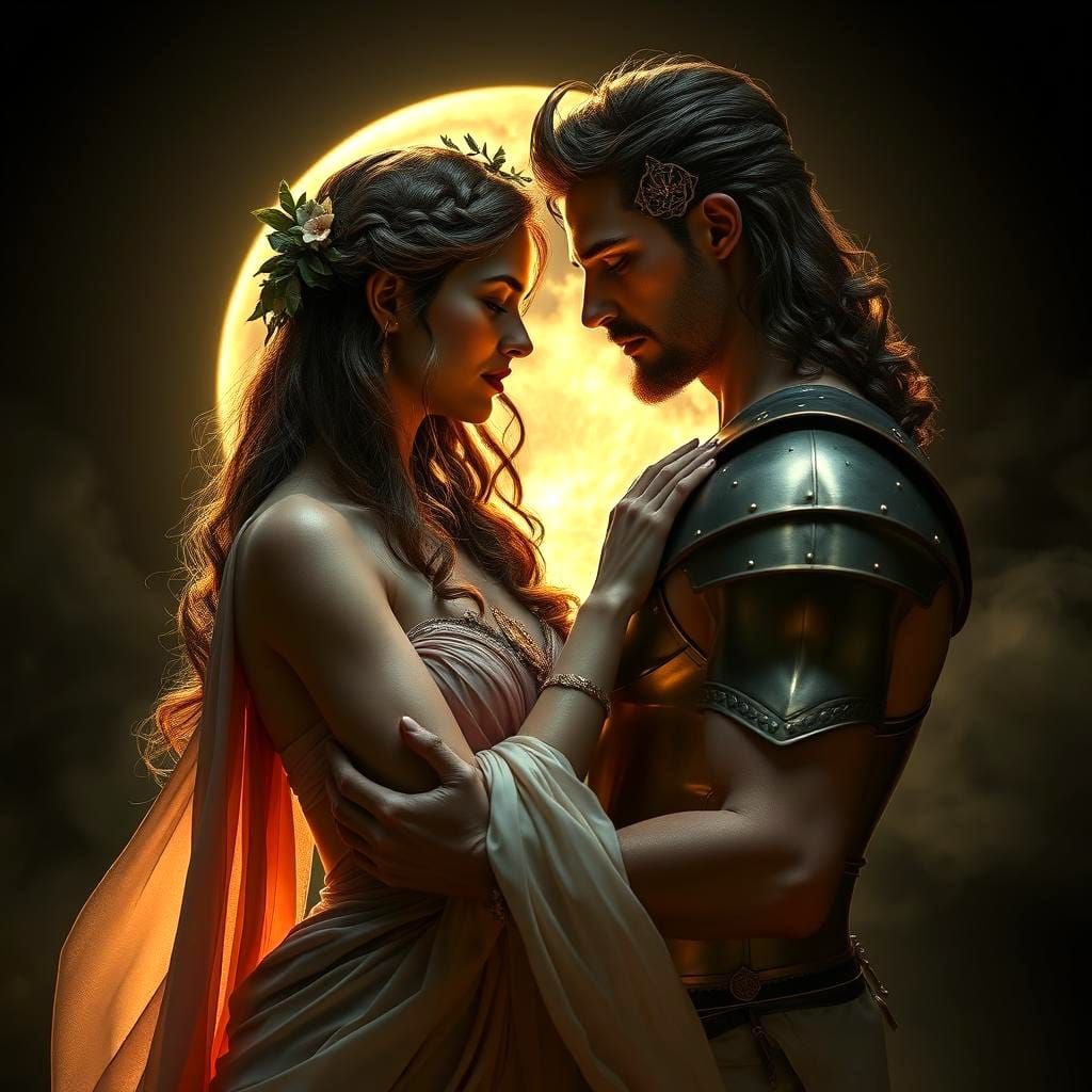 Aphrodite and Ares Embrace in Moonlight