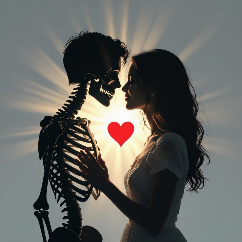 Skeleton Double Exposure With Heart in Painterly Style
