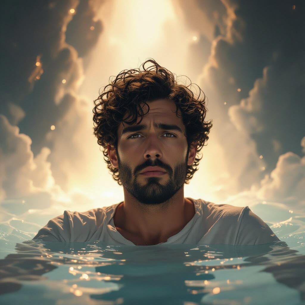 Man Floats Between Heaven and Hell in Surreal Void