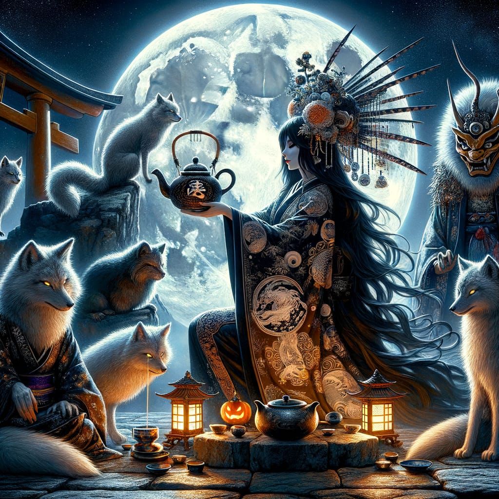 Moonlit Japanese Mountaintop Witch Ceremony with Yokai