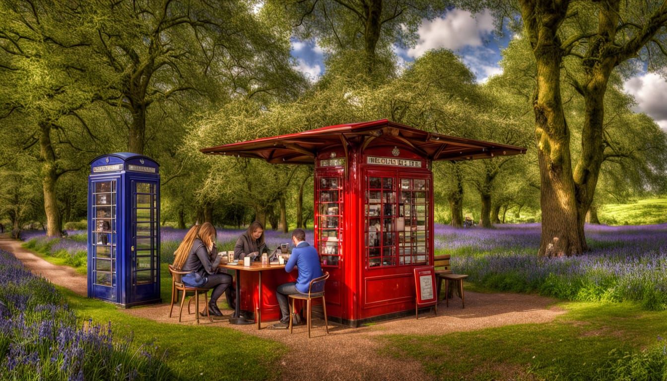 Fantasy Phone Box Kiosk in Bluebell Meadow with People