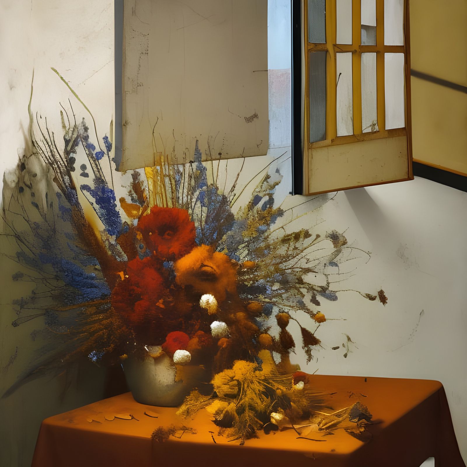 Dried Flower Bouquet on Butcher Table, Hyperrealist Painting