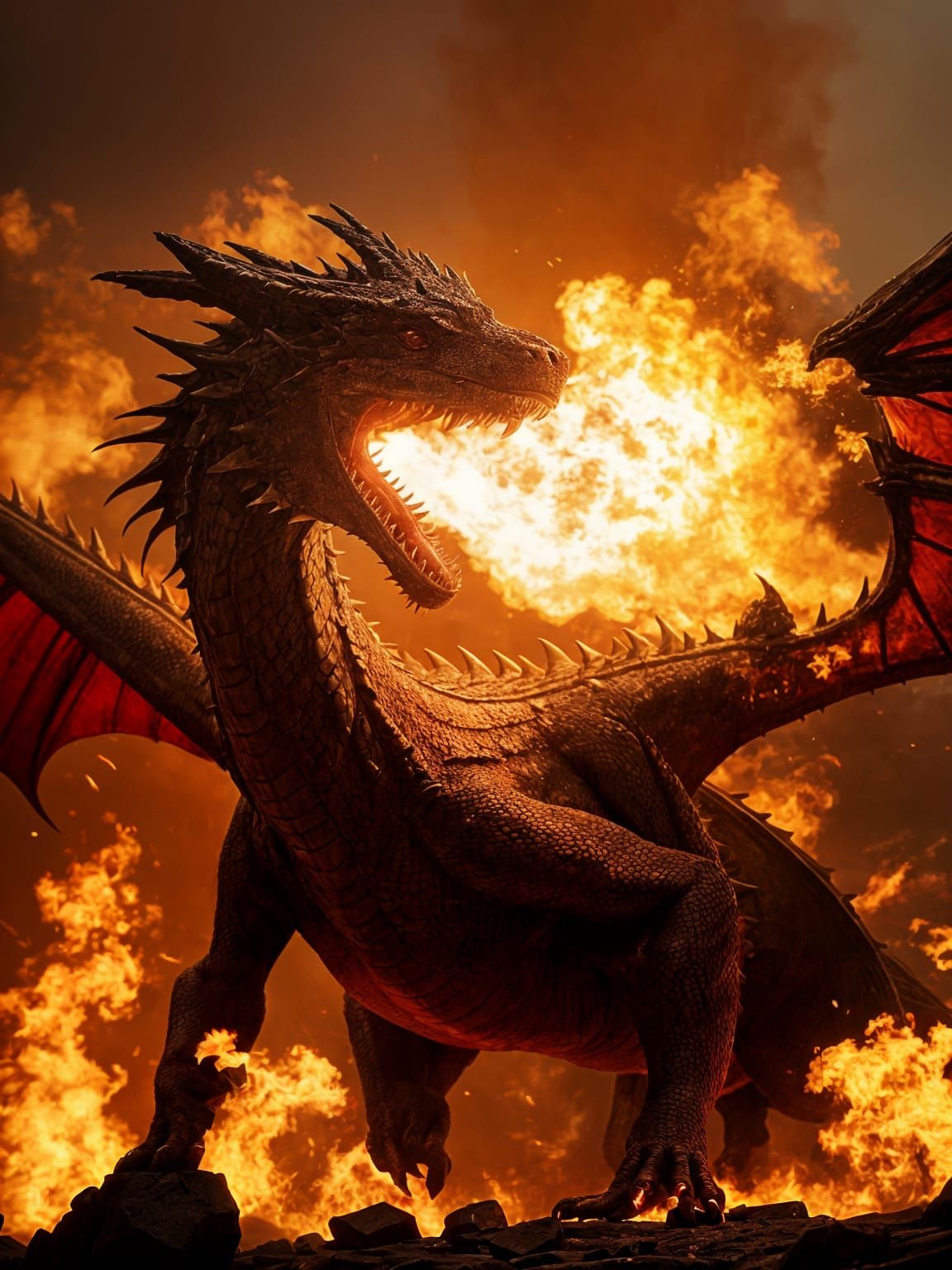 Fierce Dragon Unleashes Fiery Breath: Cinematic Film Still