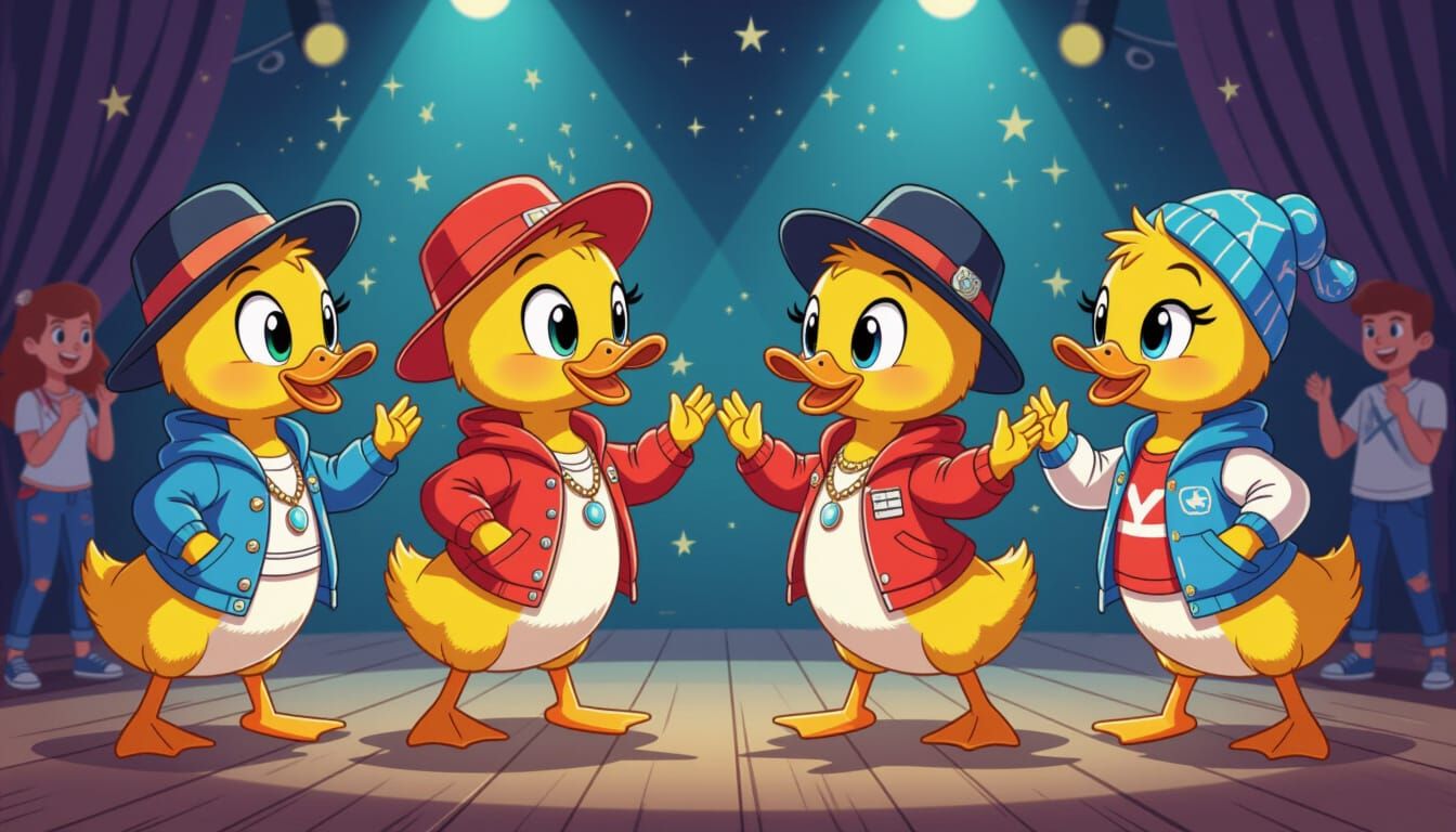 Ducklings' Dance Battle in Streetwear Cartoon