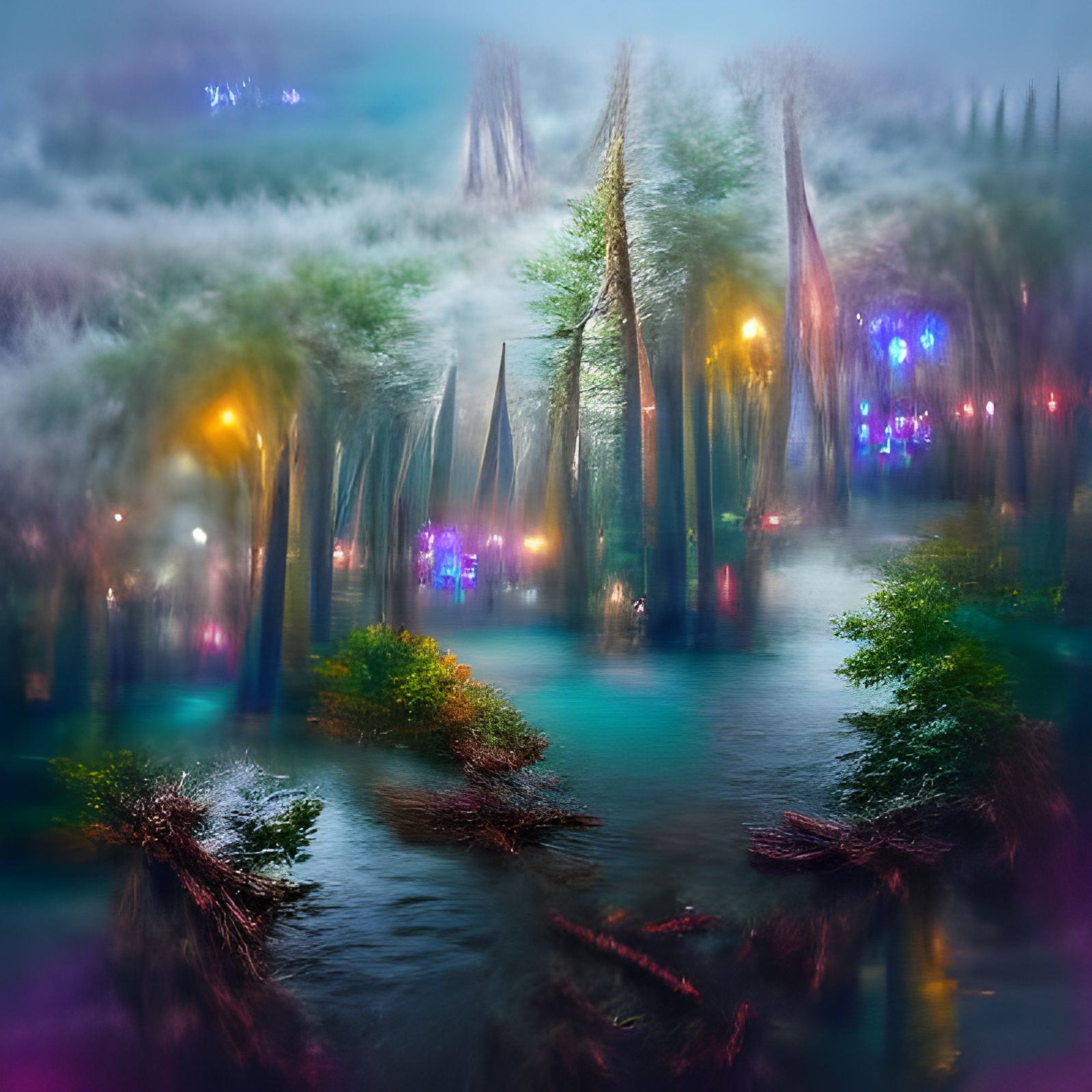 Cosmic Riverside Foggy Forest in Astral Illustration