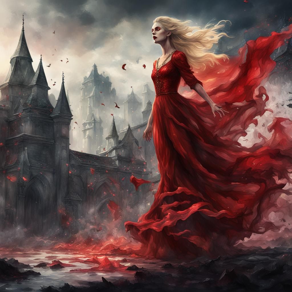 Vampire Blonde in Flowing Dress: Watercolour Art