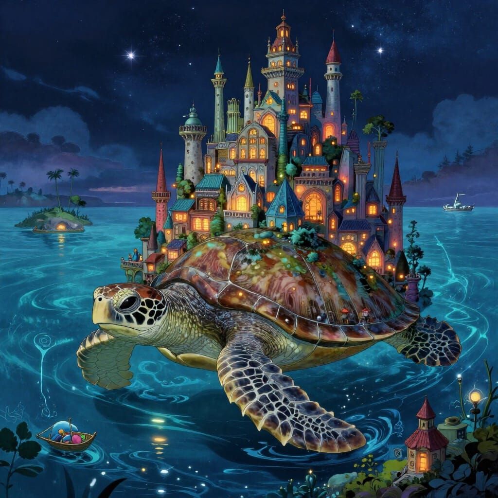 Fantasy City on Giant Turtle in Bioluminescent Ocean