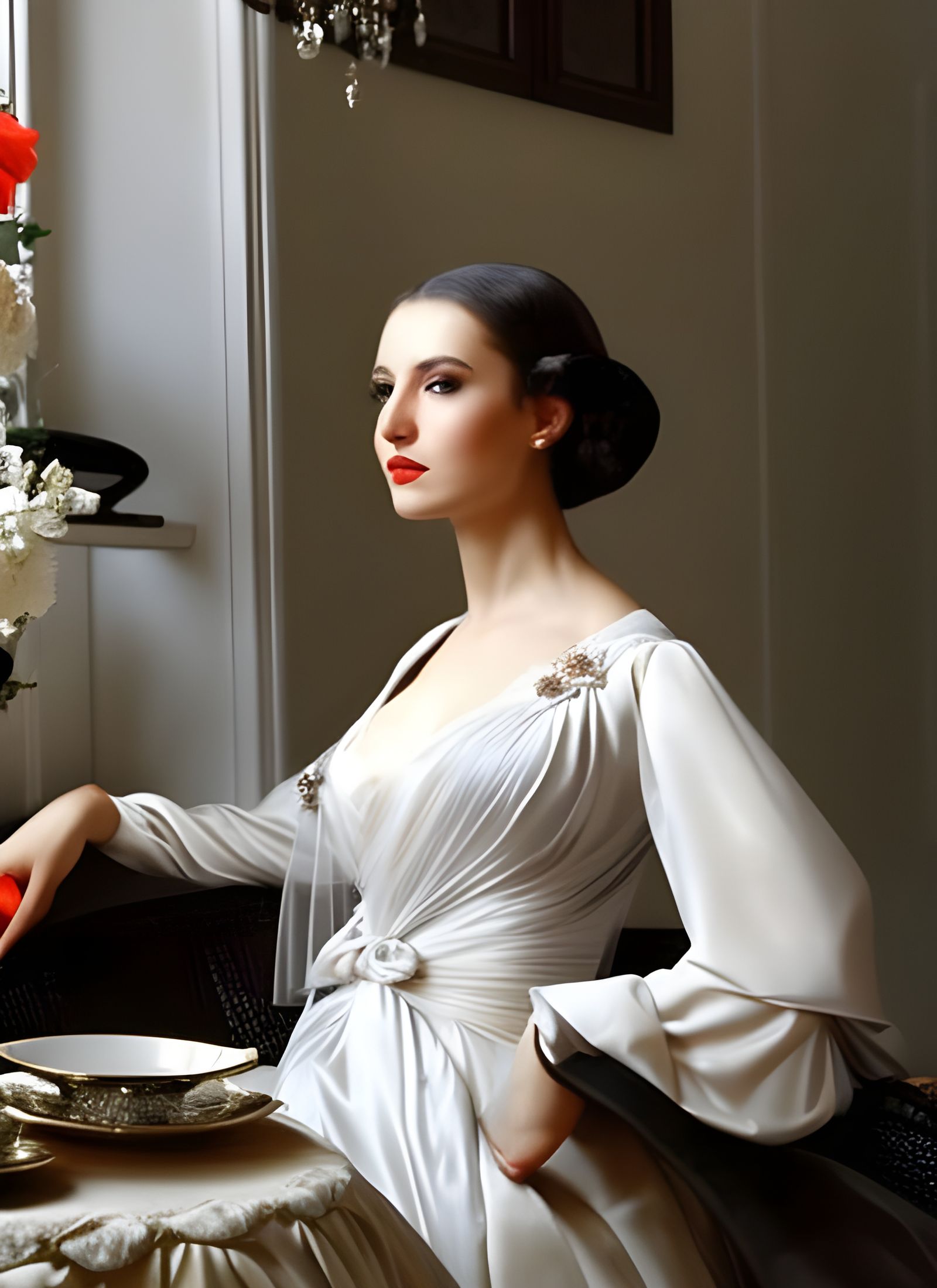 Beautiful Woman Enjoying Tea in Cafe: Photorealistic Portrai...