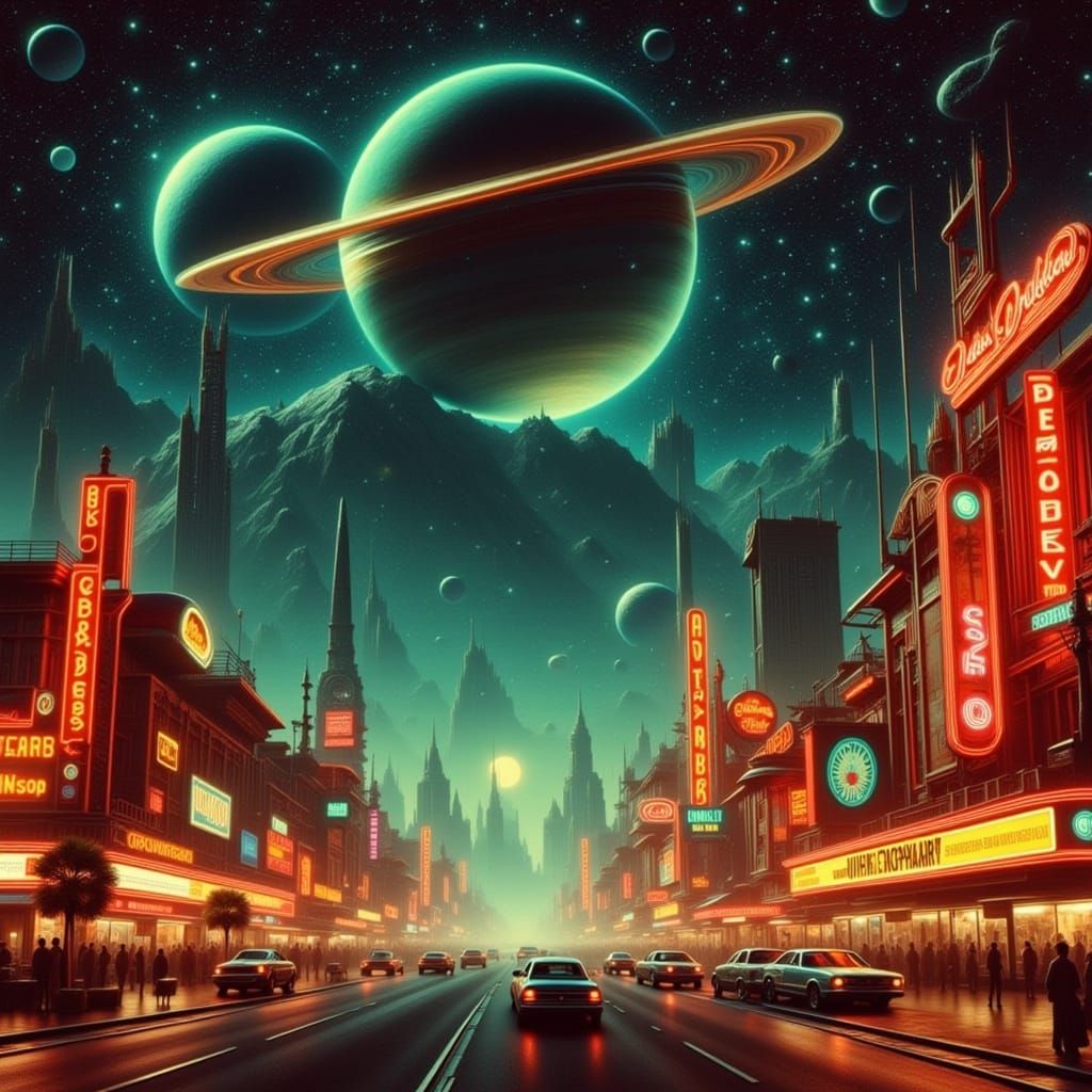 Cosmic Vegas: Planet Saturn Over Neon Strip