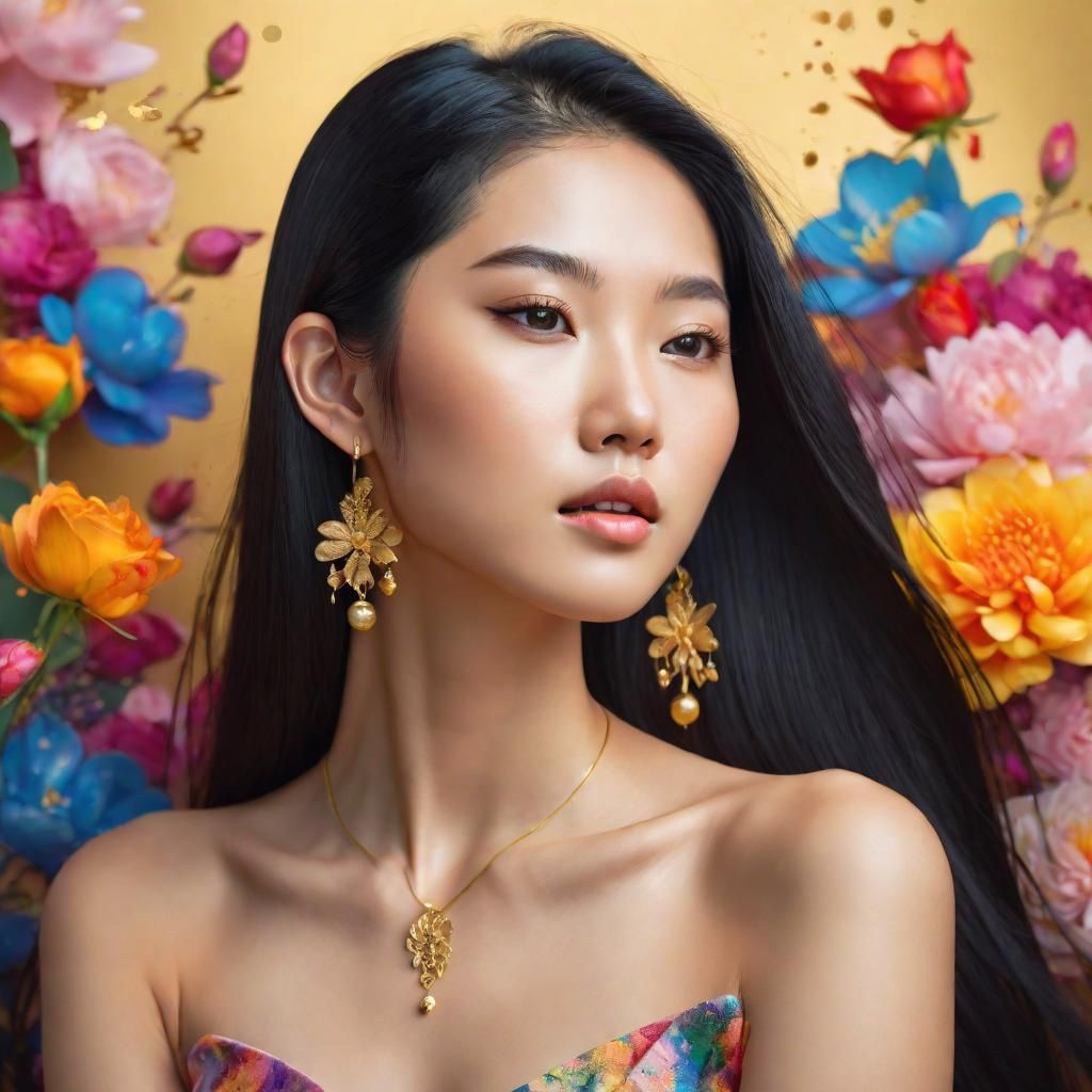 Beautiful Asian Woman Portrait with Gold Jewelry