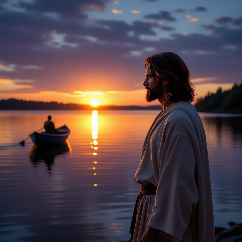 Jesus Contemplates Sunrise Over Serene Lake
