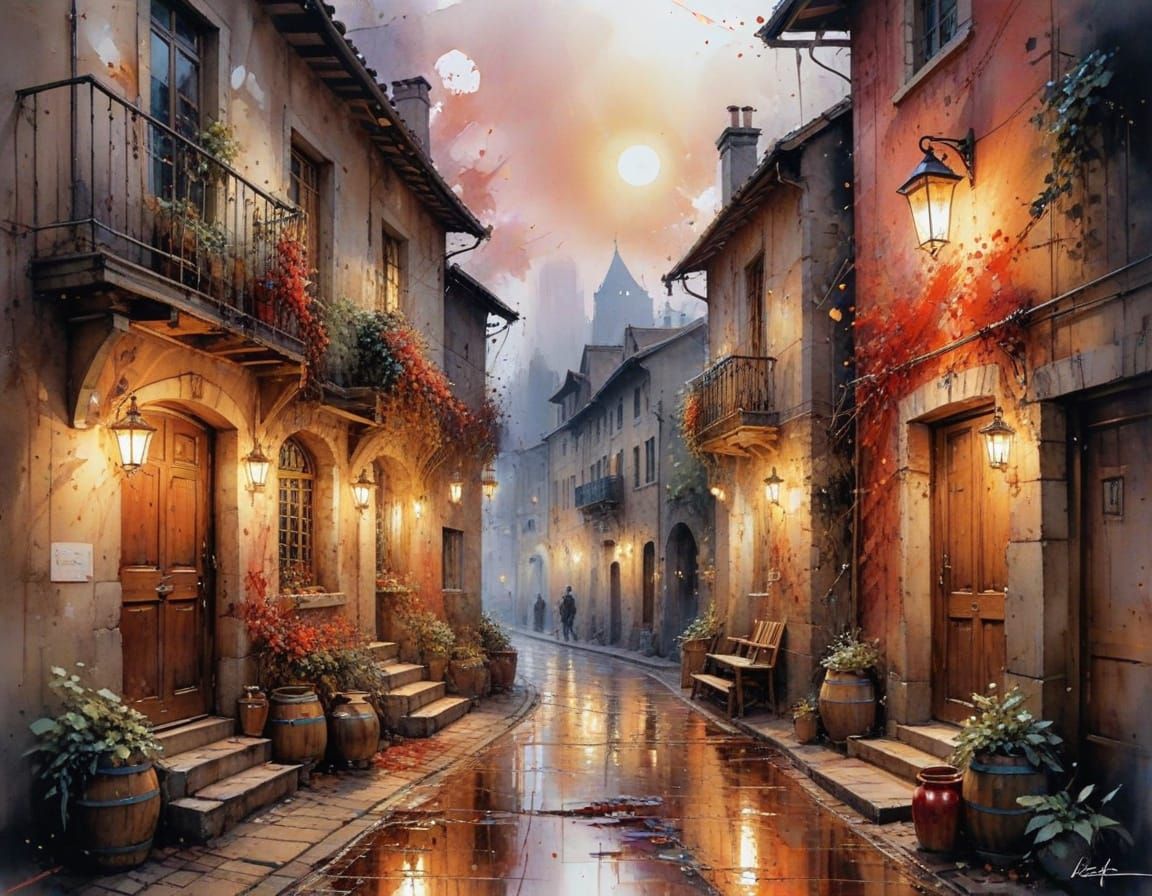 Bloodmoonscape Medieval Village in Warm Watercolor Style