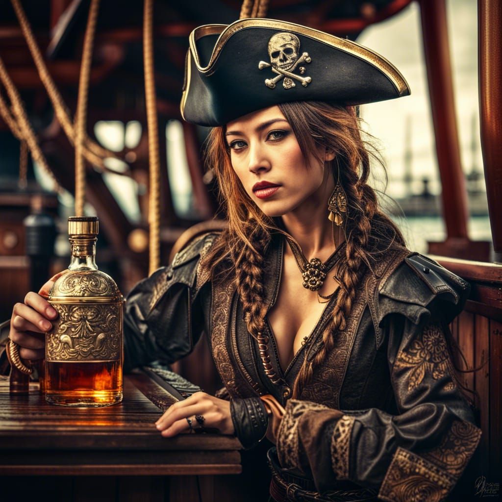 Hyperrealistic Lady Pirate on Japanese Ship