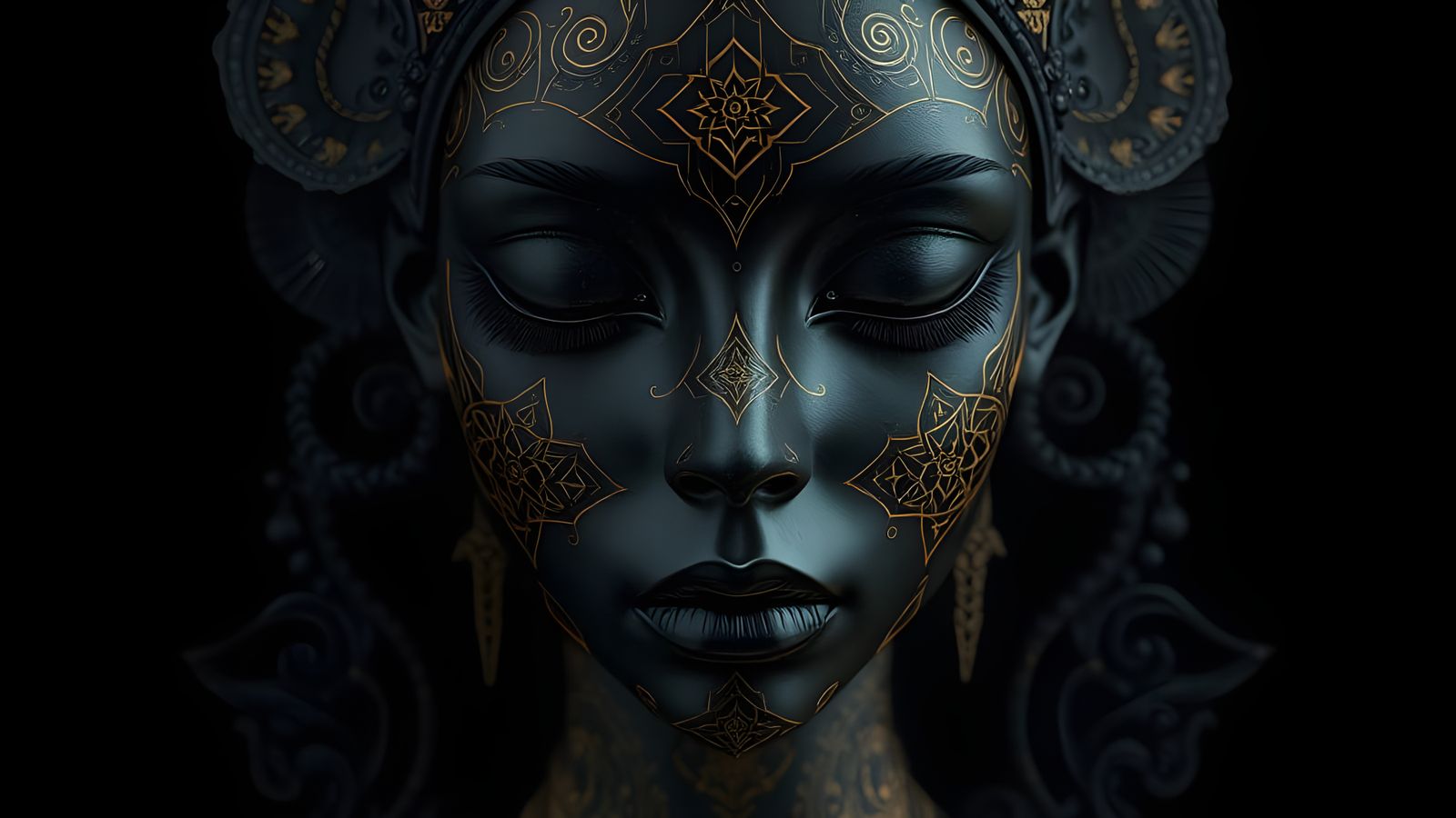 Dramatic Black Porcelain Face with Gold, Hyperrealistic