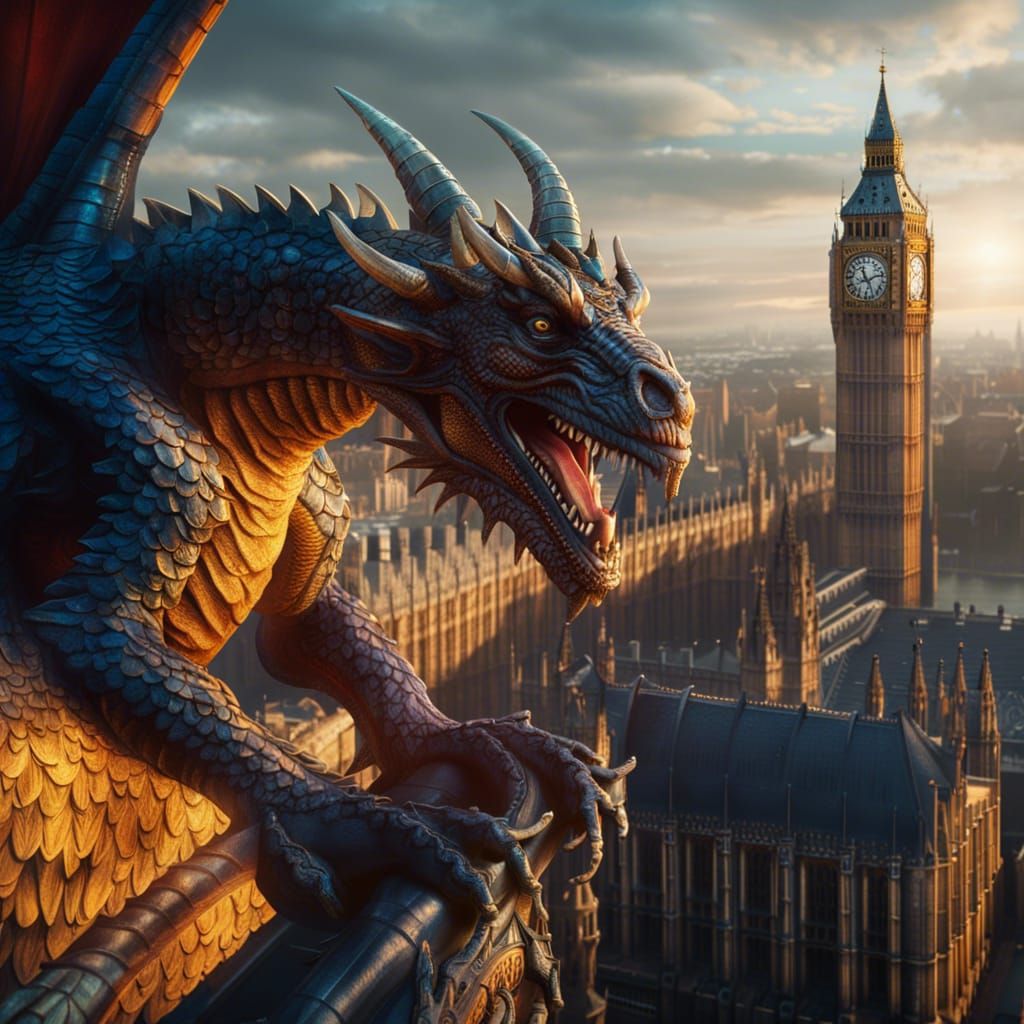 Dragon Rider Over Westminster in Detailed Matte Painting