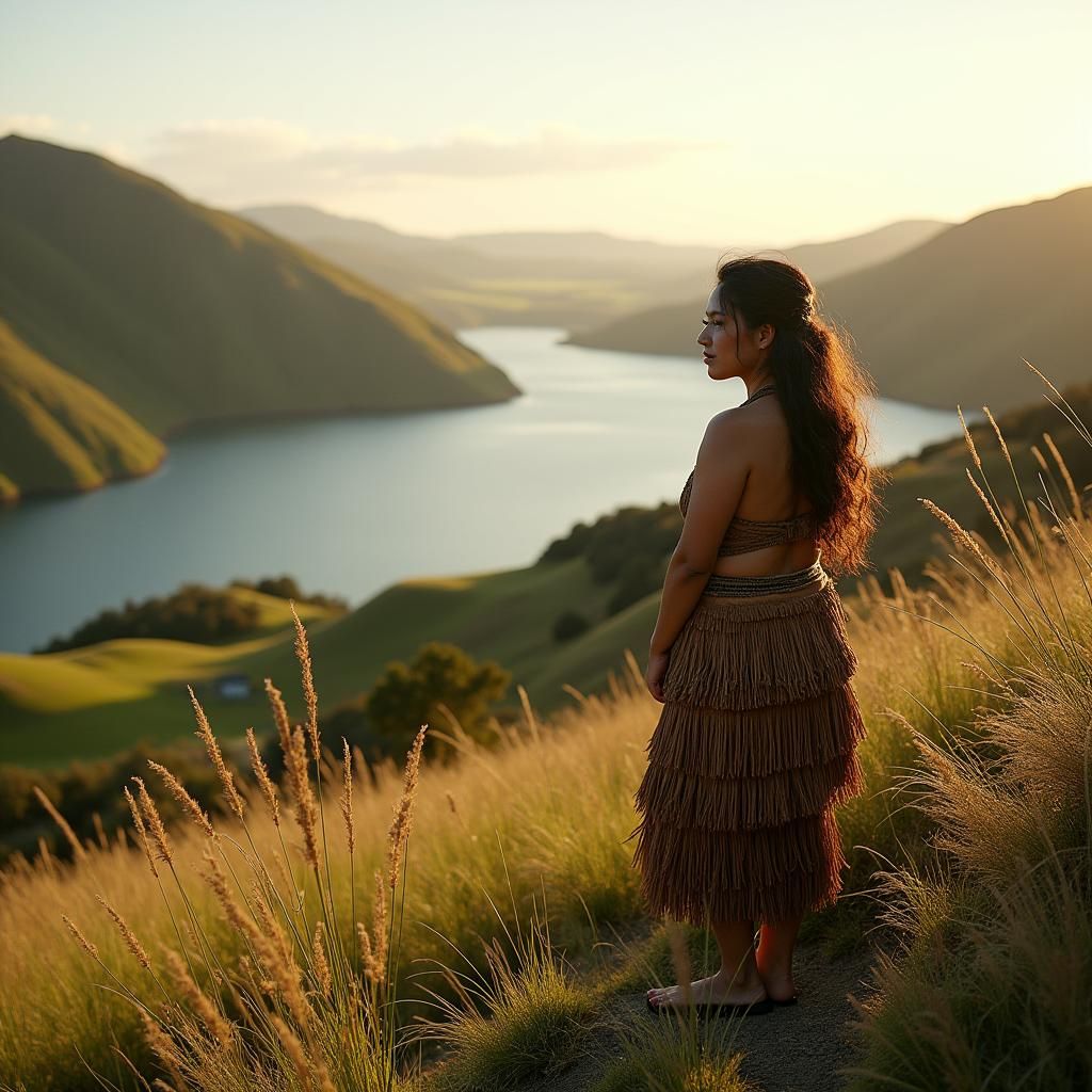 Maori Figure on New Zealand Hill in Romantic Style