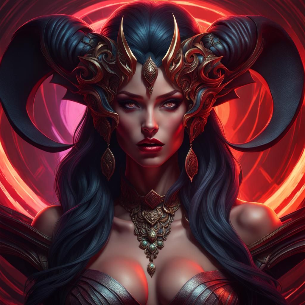 Seductive Demon Woman Portrait in Hyperdetailed Style