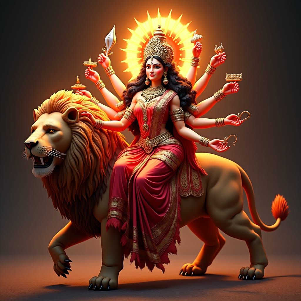 Goddess Durga on Lion in Hyper-Realistic Style