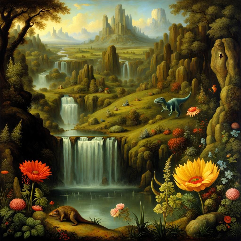Surreal Dinosaur Landscape with Waterfall in Classical Style