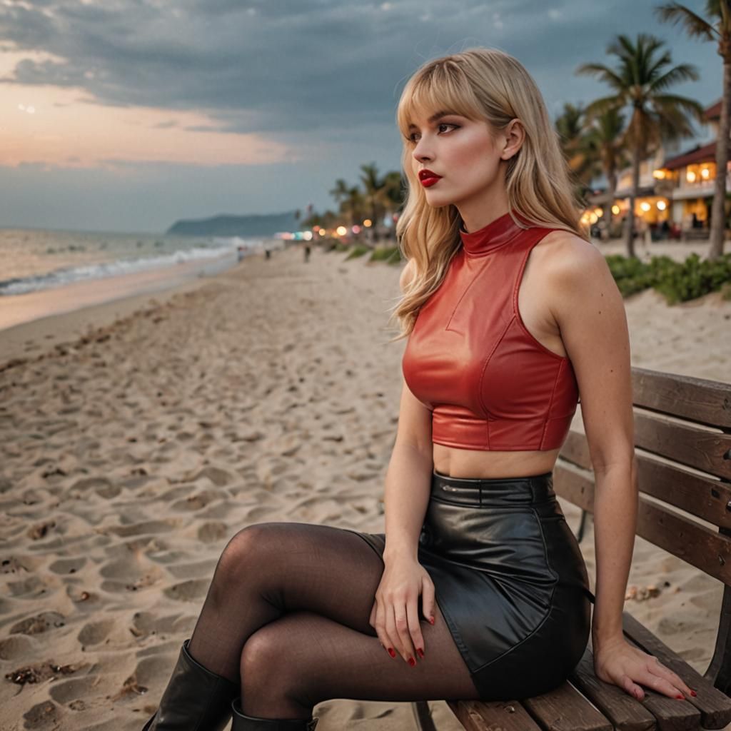 Woman with Blond Hair on Beach at Evening