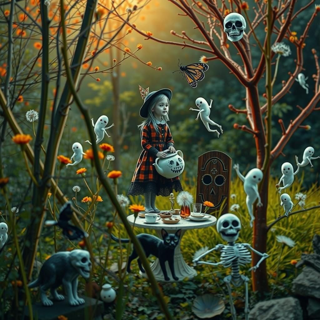 surreal autumn  ,  ghostly Halloween tea party , highly  det...