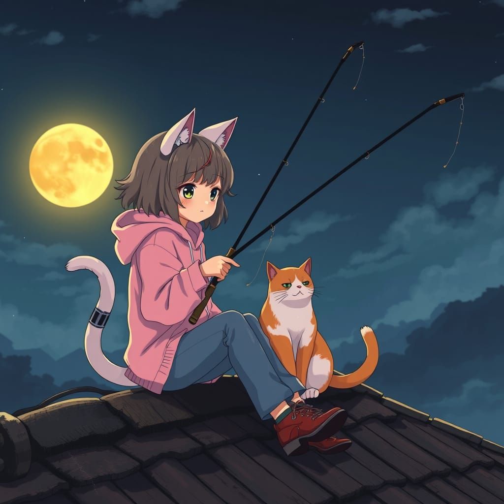 Anime Cat-Girl Fishing Under Giant Moon