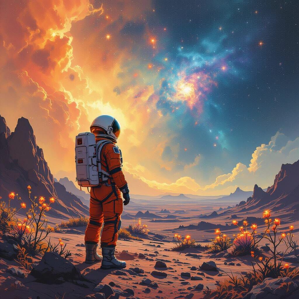 Astronaut on Alien Planet Gazing at Nebula