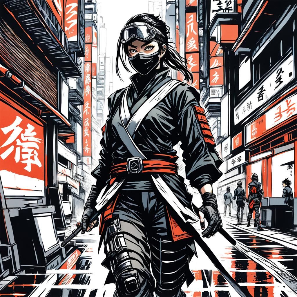 Futuristic Ninja in Tokyo: Hand-Drawn Manga Style