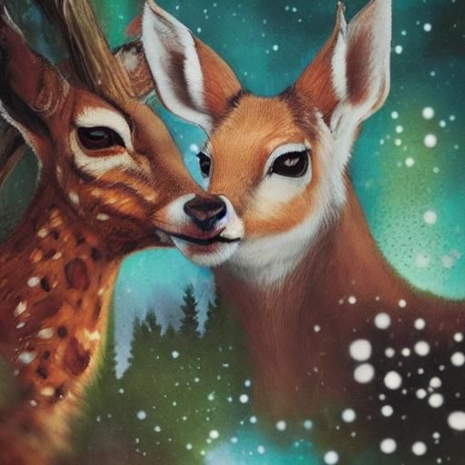 Doe and Fawn in Forest, Graffiti Art Style