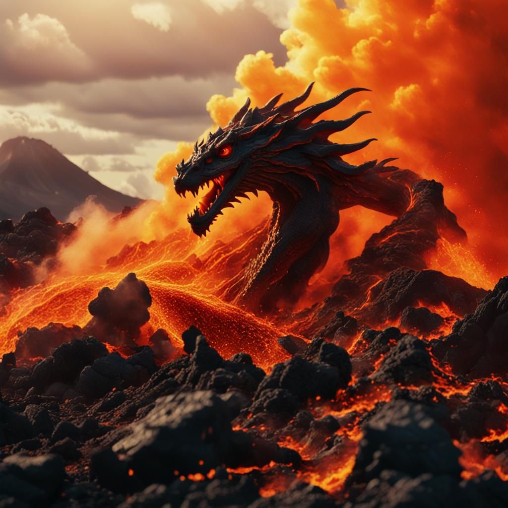 Magma Dragon Eruption in Volcanic Landscape