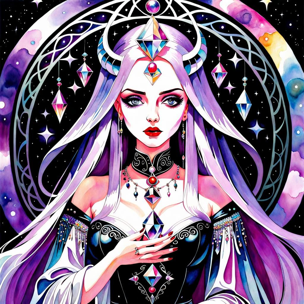 Magical OrcVampire Witch in Surrealist Watercolor Style