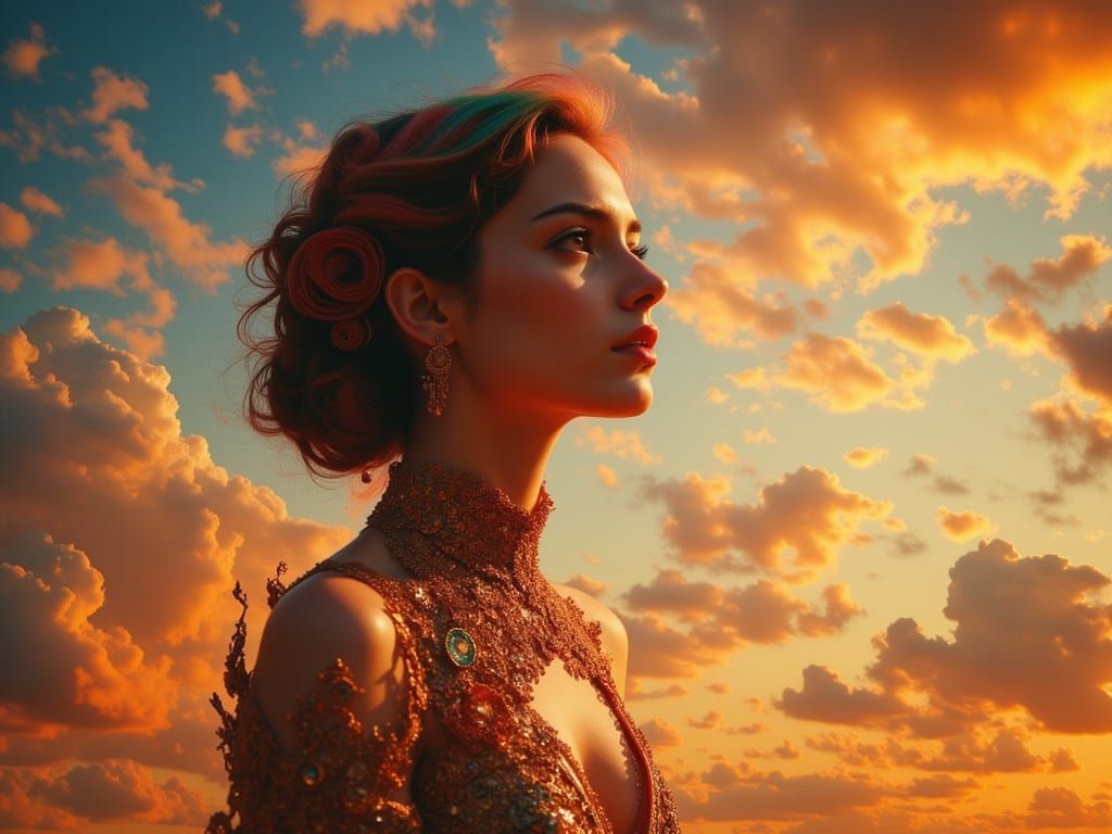 Woman Gazing at Fiery Sky in Concept Art Style