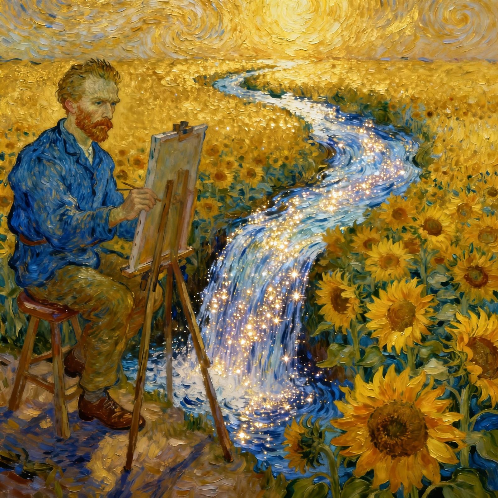 Van Gogh Paints a Glittering River into a Sunflower Field