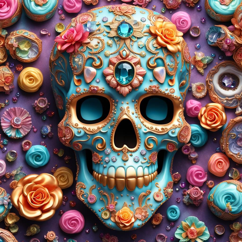 Iridescent Porcelain Sugar Skull in Rococo Style