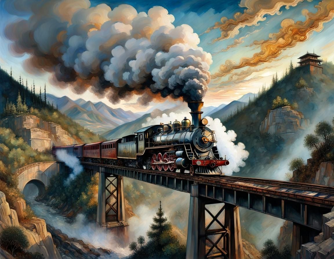 Steam Locomotive on Mountain Bridge in Mosaic Style