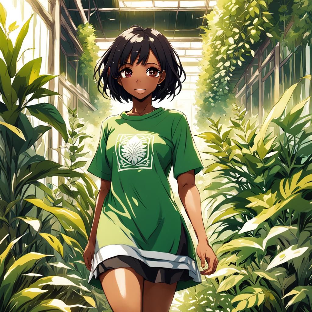Anime Girl Surrounded by Lush Plants
