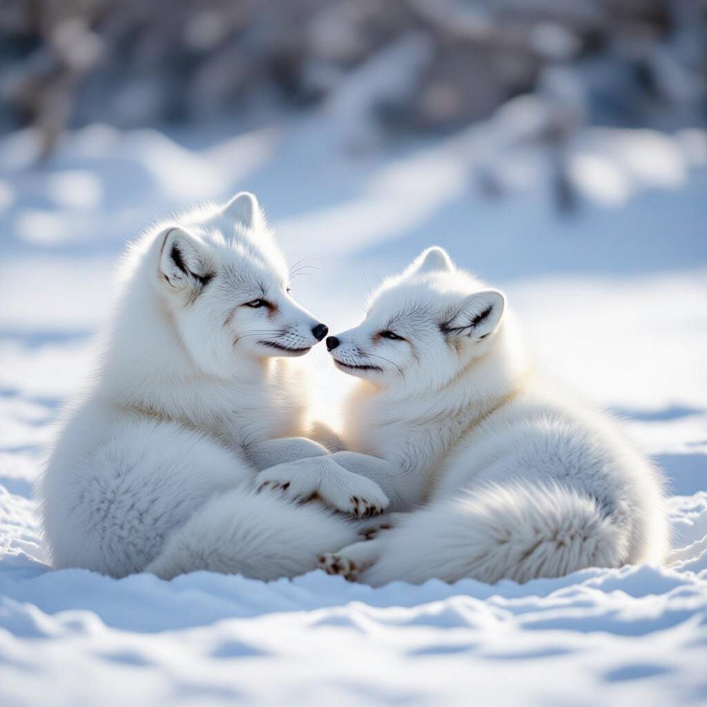 Two Arctic Foxes Playfully Roll in Fresh Snow - Photorealist...